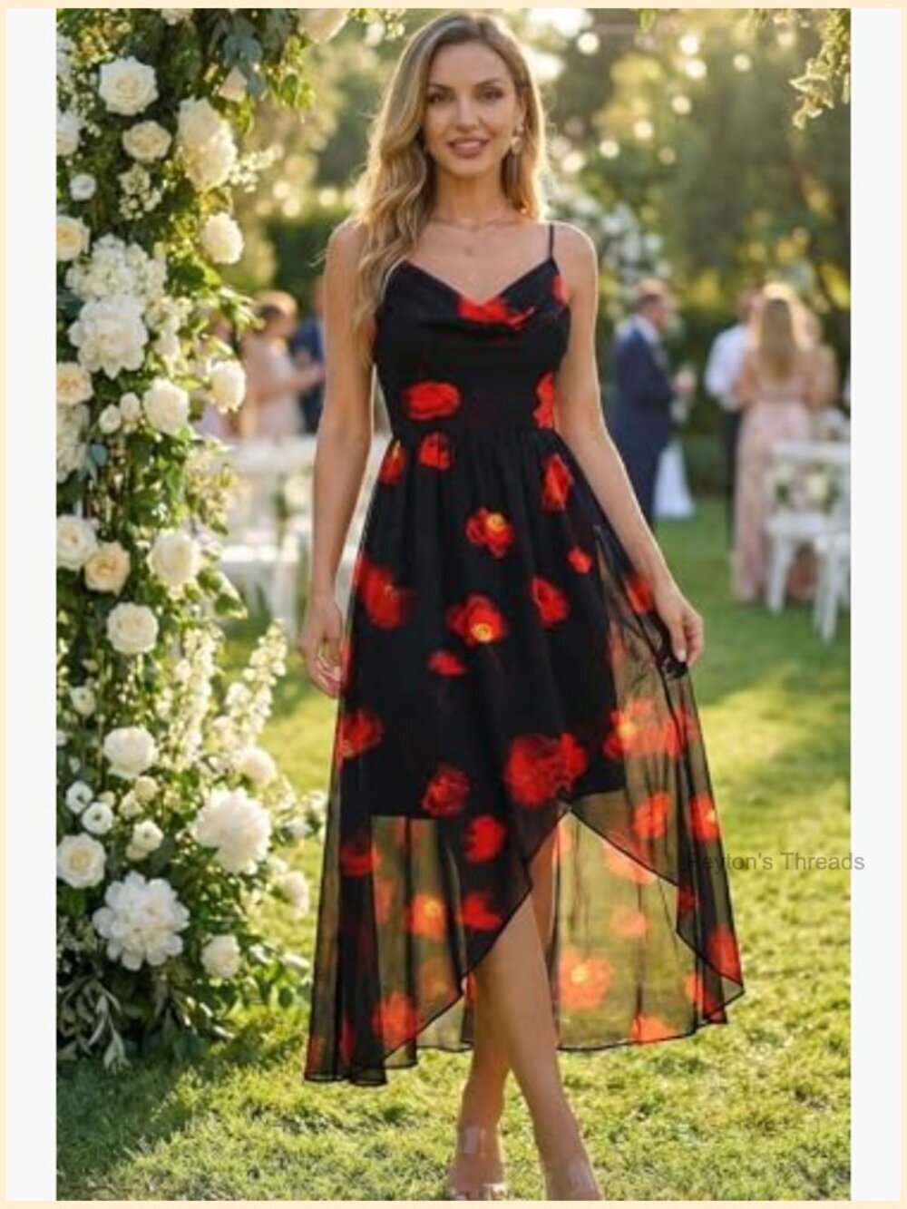 Floral Midi Dress Spaghetti Strap Cowl Neck A-Line Smocked Back Wedding Guest - Picture 4 of 7